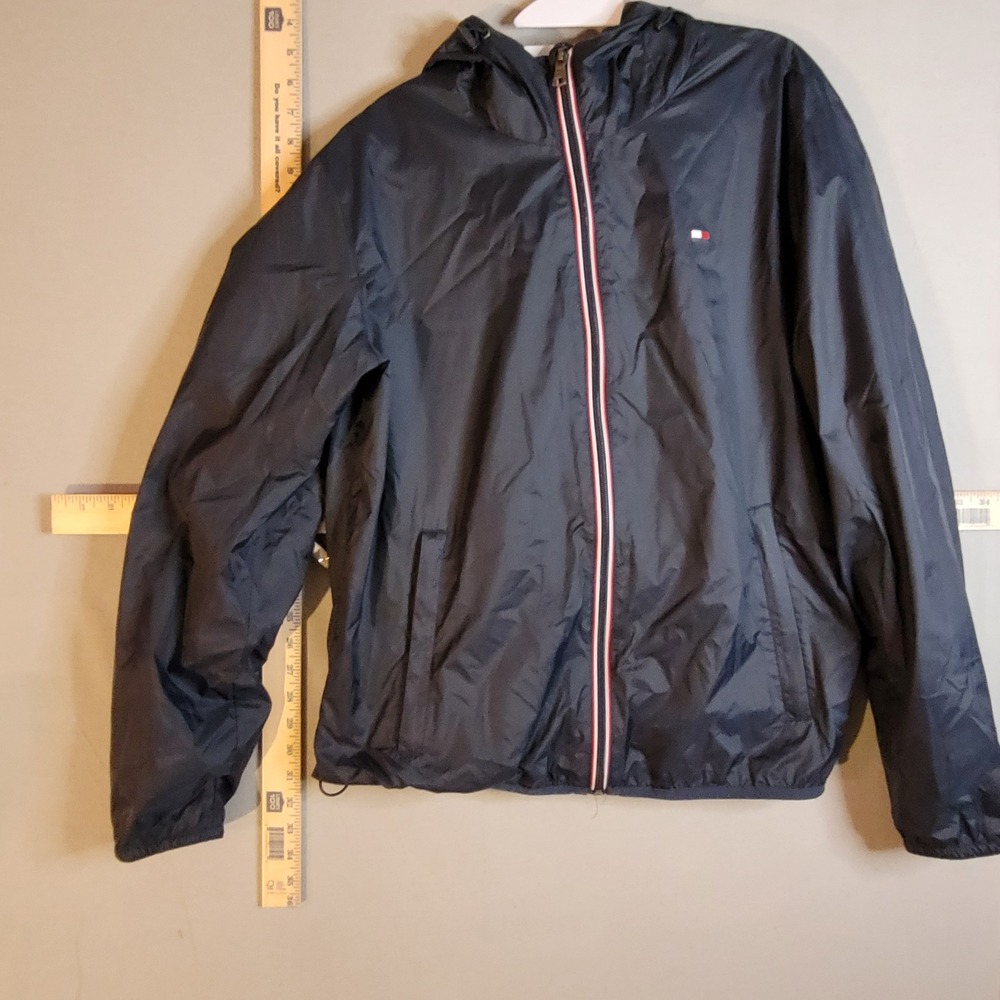 Tommy Hilfiger Mens Navy Blue Full Zip Striped Hooded Windbreaker Jacket Size M